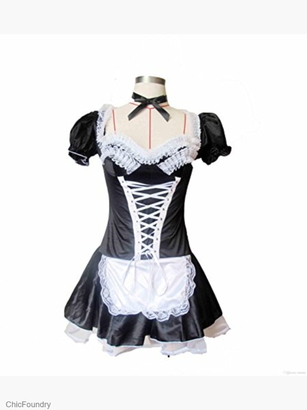 Sexy French Maid Costume Lace Up Front Mini Dress Satin Puff Sleeve Costume - Picture 7 of 7
